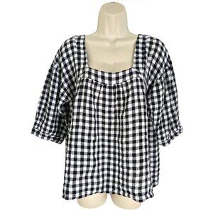 Korinne Vader Womens Black White Gingham‎ Square Neck Linen Blouse Size M